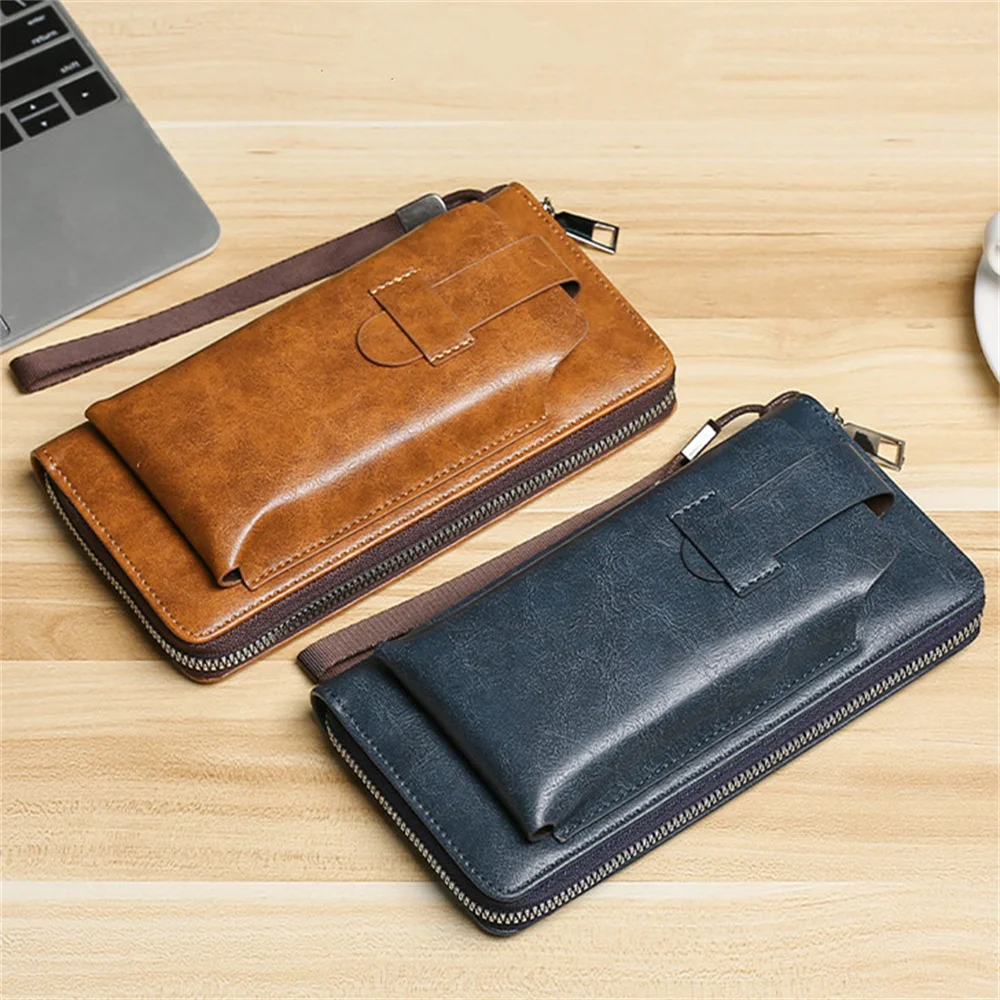 Leather Wallets for Men Vintage Long Wallet Zipper Capacity Male Money Purse Business Phone Pocket Credit Card/ID Holders Bag