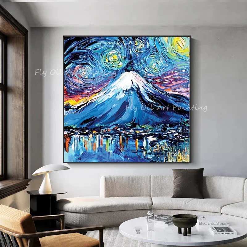 

100% Handmade wall artwork mountain colorful thick knife blue canvas handpainted oil painting for office living room as a gift