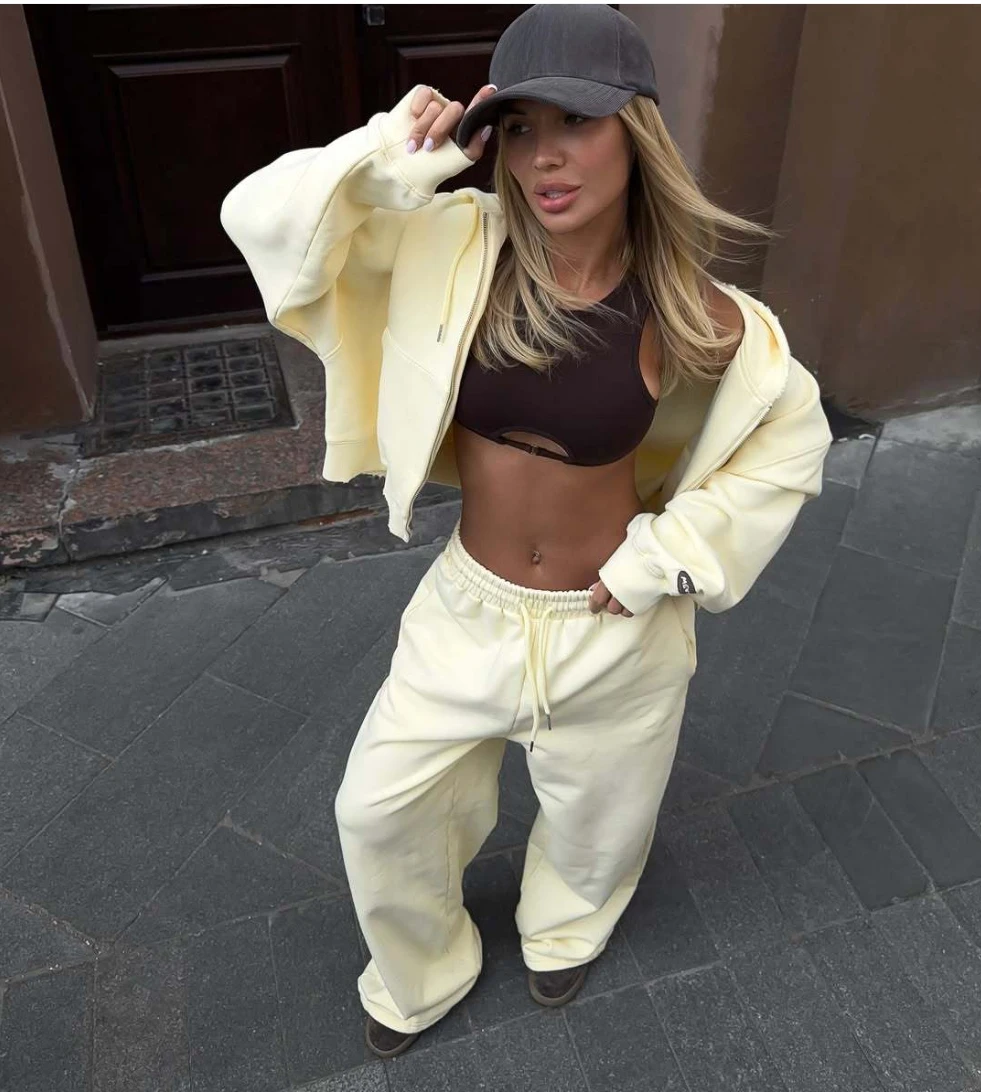 

Sporty Hooded Suit Embroidered Zipper Pure Cotton Cardigan Hoodie Straight Floor-length Trousers Trendy for Ladies Fashion Suit