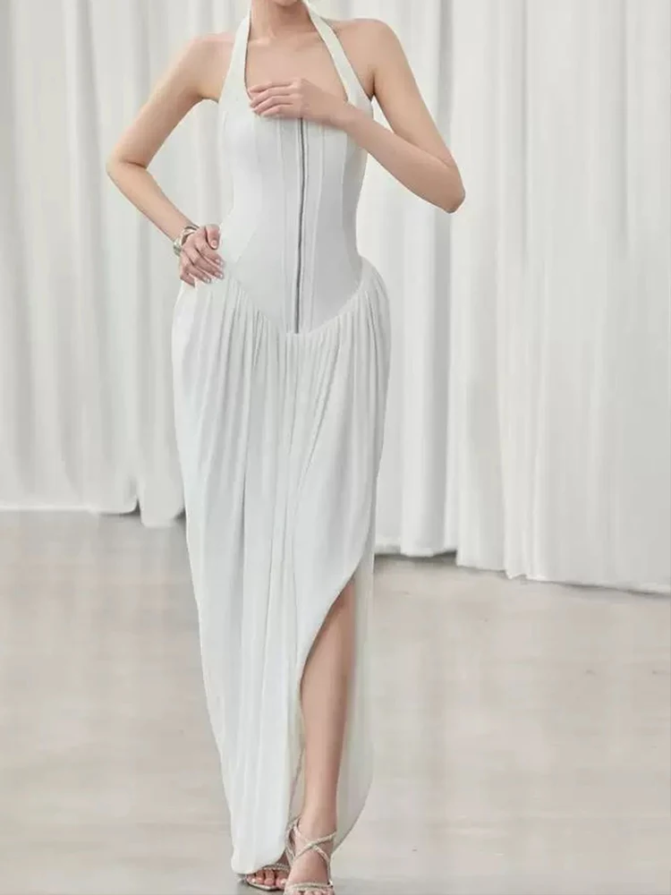 

Высококачественное однотонное темпераментное платье с открытой спиной и молнией, женское летнее новое тонкое плиссированное элегантное платье нестандартной формы с разрезом