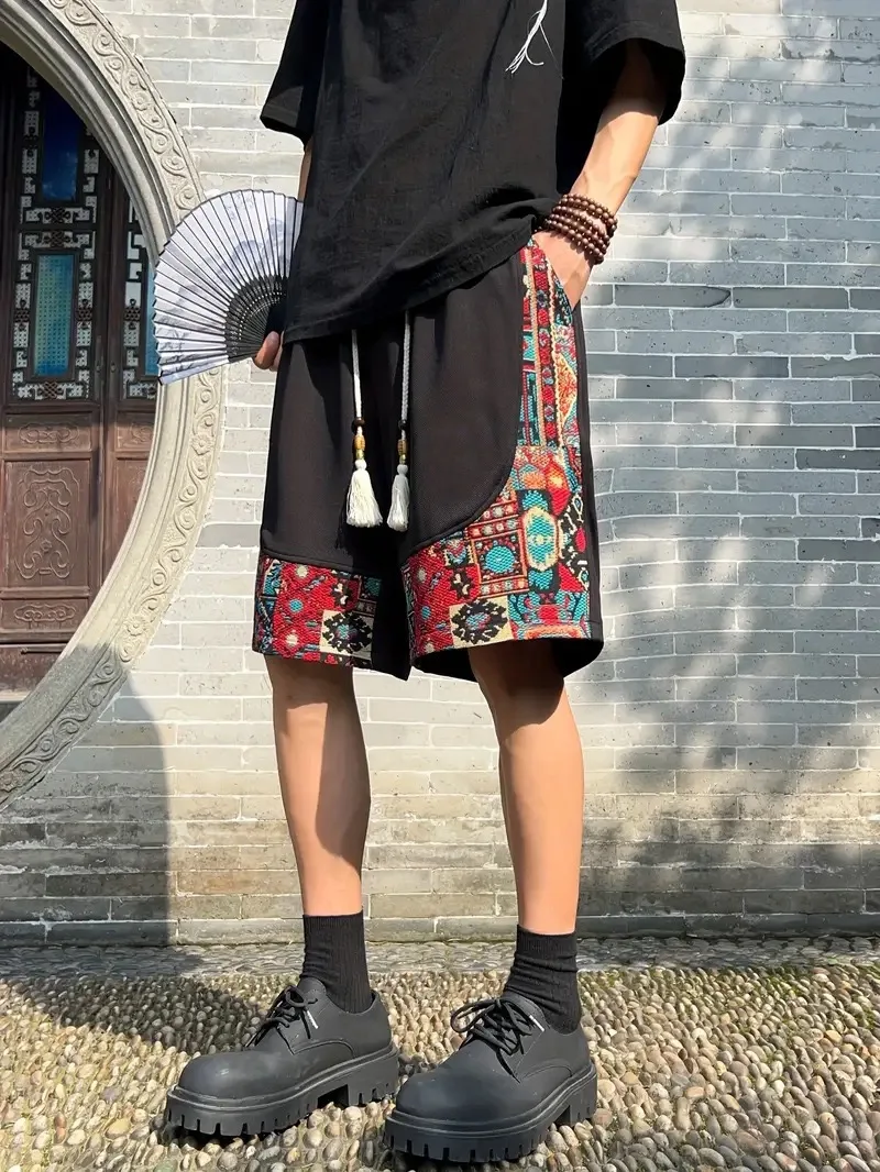 

Men's Summer Chinese Style Embroidered Patchwork Shorts Retro New-Chic Straight Leg Loose Fit Casual Popular Knee-Length Pants