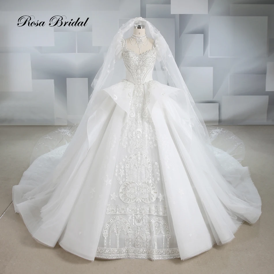 High Quality Real Photos Lace Beaded Short Sleeve Wedding Dress