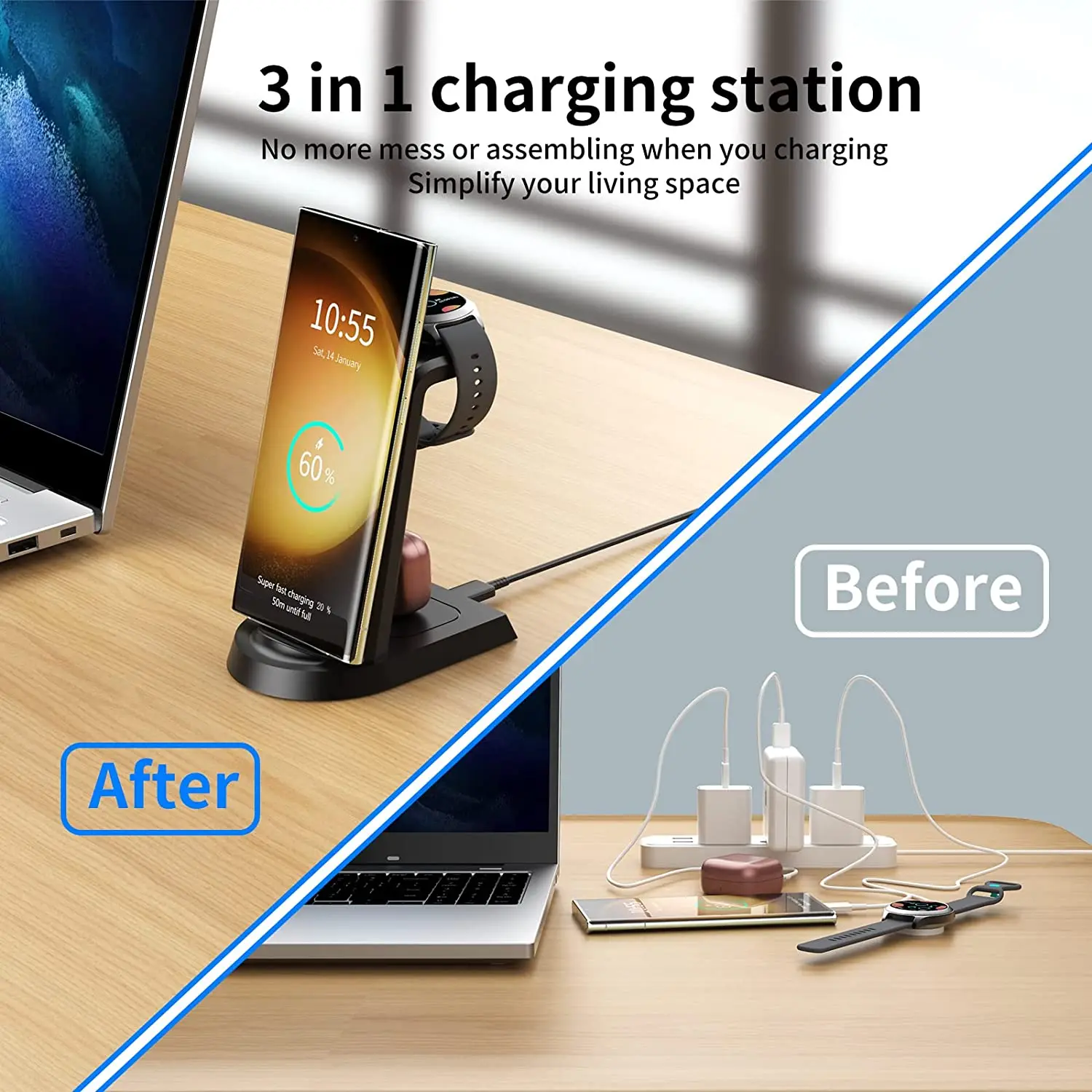 Caricabatterie Wireless Super veloce da 25W 3 in 1 per Samsung S23 Ultra S22 S21 S20 Galaxy 5 4 3 Active 2 Watch auricolari stazione di ricarica