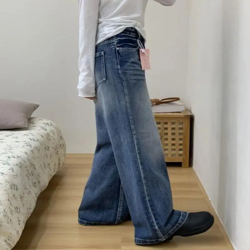 النمط الأمريكي السراويل الرجعية نمط السراويل النساء عالية الخصر فضفاضة تناسب غسلها السراويل ربيع جديد أزياء غير رسمية الشارع الشهير الدنيم