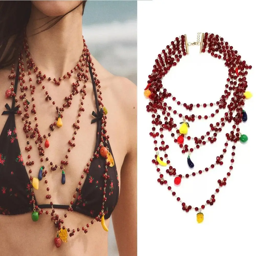 

Handmade Beaded Multi-layered Crystal Necklace Luxury Colorful Fruit Pendant Long Necklace Bohemian European American Style