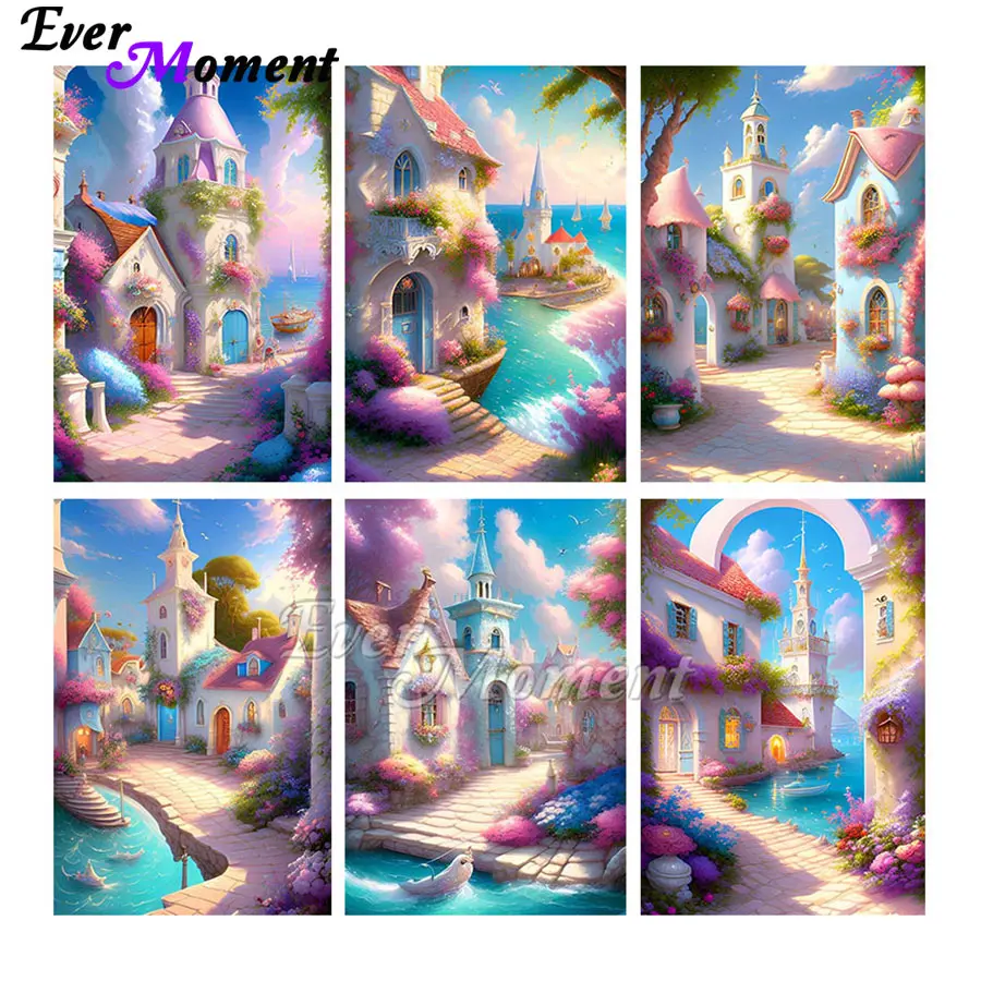 

Ever Moment Square Round Diamond Beautiful House Beside the Sea Painting Home Decor Drill Wall Art Decoration Gift ASF2816