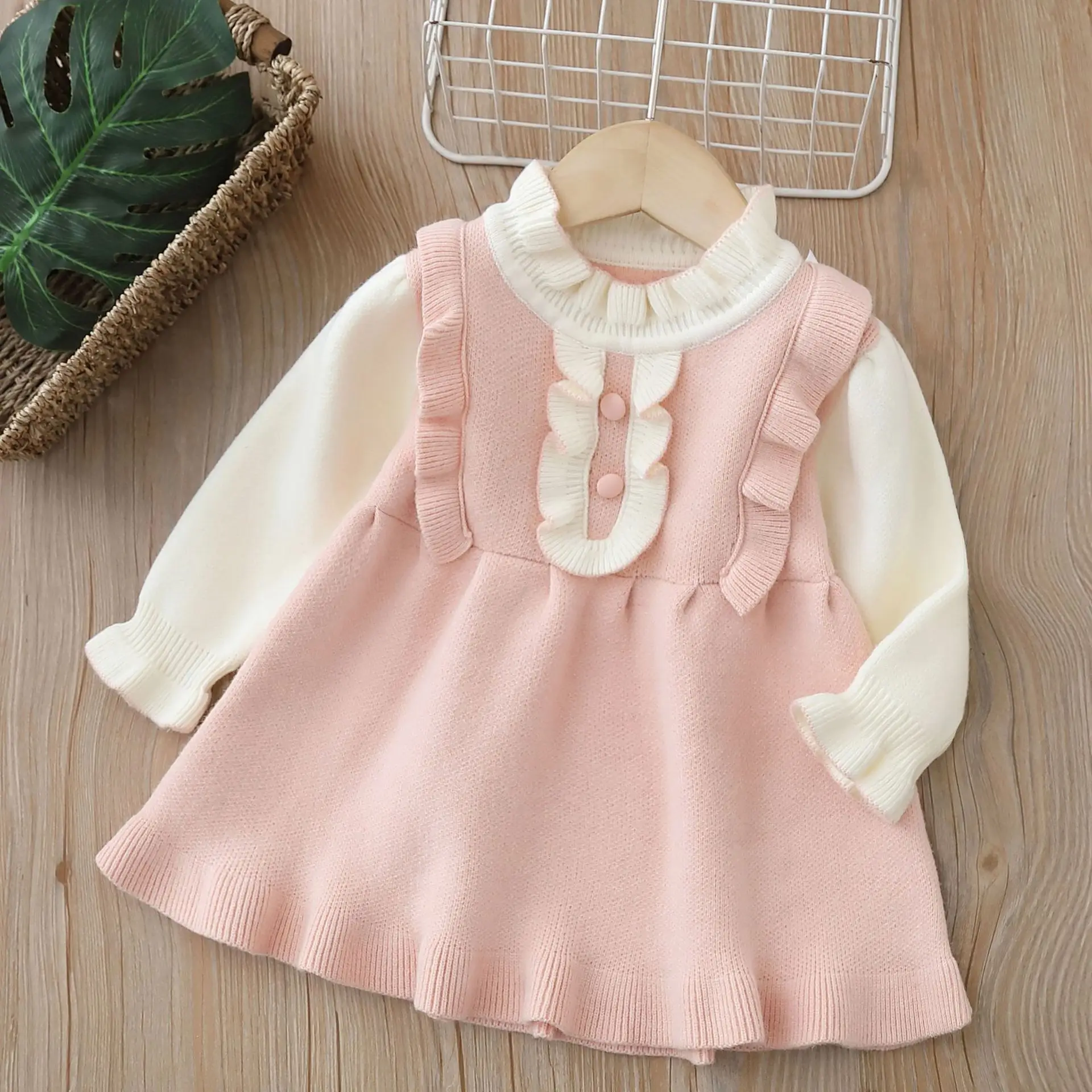 Autumn Winter 2024 Toddler Girl Dress Cotton Spliced Turtleneck Babys Girl Dress Fly Sleeve Knitted Children Girl Knitwear Dress