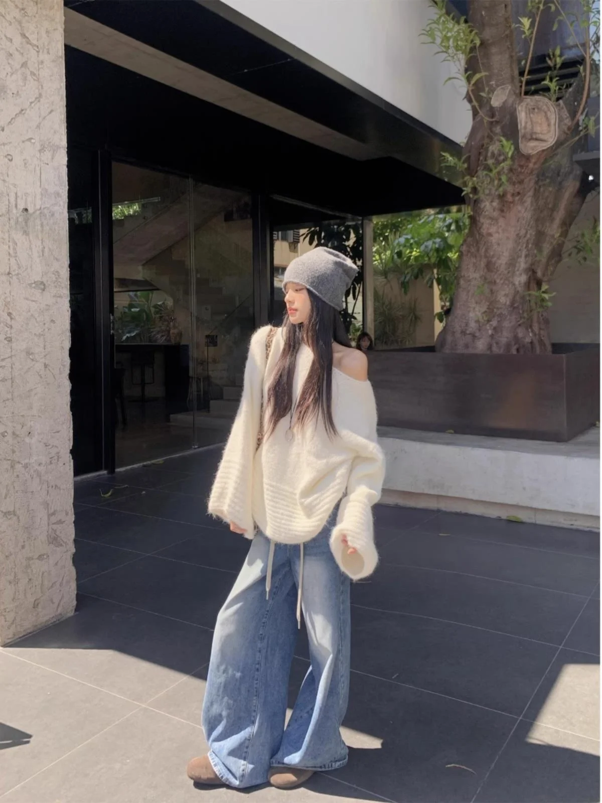 ay oulder-baring Long Sve Pullover Knitwear Loose Fit Lazy Sle Autumn Winter Women's Faion Soft Versatile Top