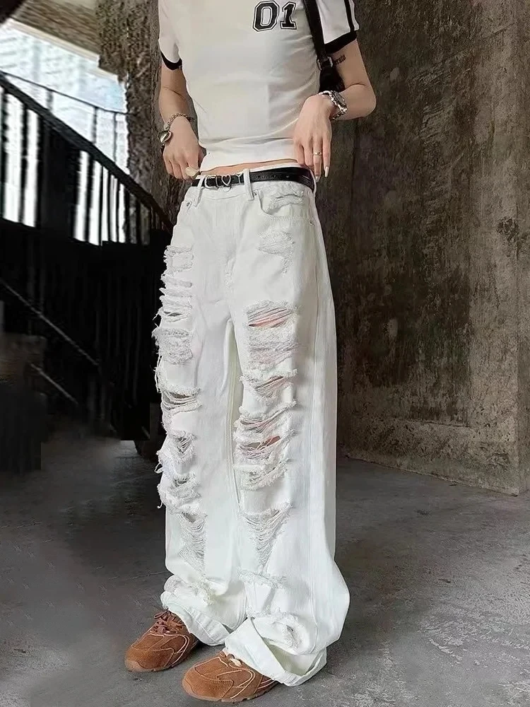 

ADAgirl White Ripped Baggy Jeans Women Hole Wide Leg Straight Denim Pants Hip Hop Summer Slouchy Trousers Loose Causal Korean