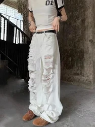 ADAgirl White Hole Baggy Jeans Women Ripped Design Wide Leg Straight Denim Pants Summer Loose Causal Trousers Streetwear Hip-hop