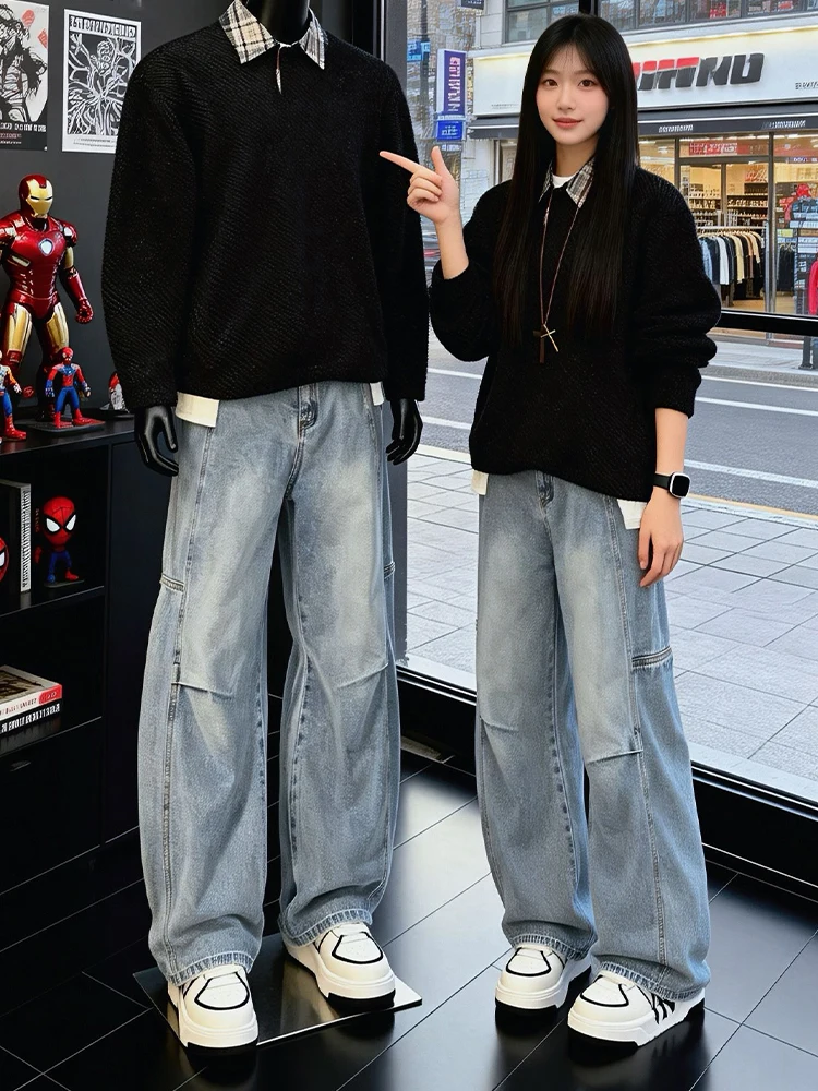 

Light Blue Knife Men's Jeans Winter Patchwork American Sle Wide Leg Straight Micro Flared Pants Youth Trendy Wear Resi...