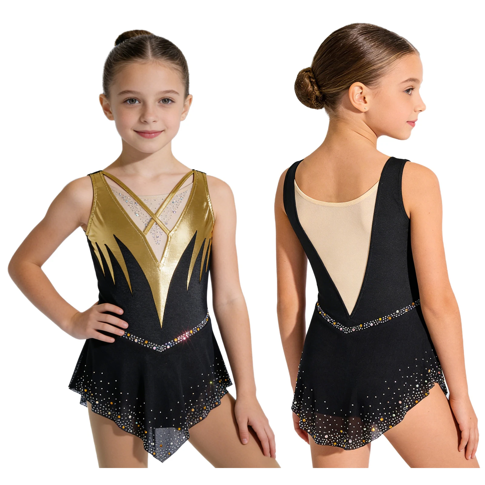 

Детское платье-купальник для девочек для фигурного катания, блестящее, с металлическим эффектом, со стразами, сетчатое, для танцев, гимнастики, акробатики, балета