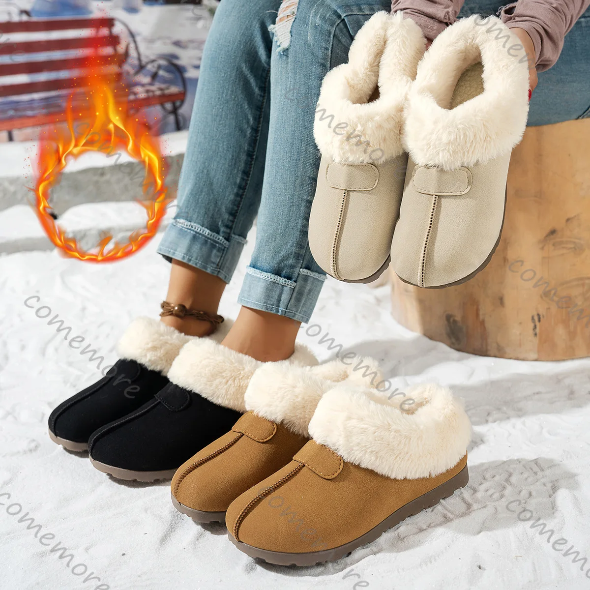 Comemore botas de neve femininas acolchoadas inverno novos sapatos de algodão quente casual fundo plano camurça deslizamento em pele botas femininas