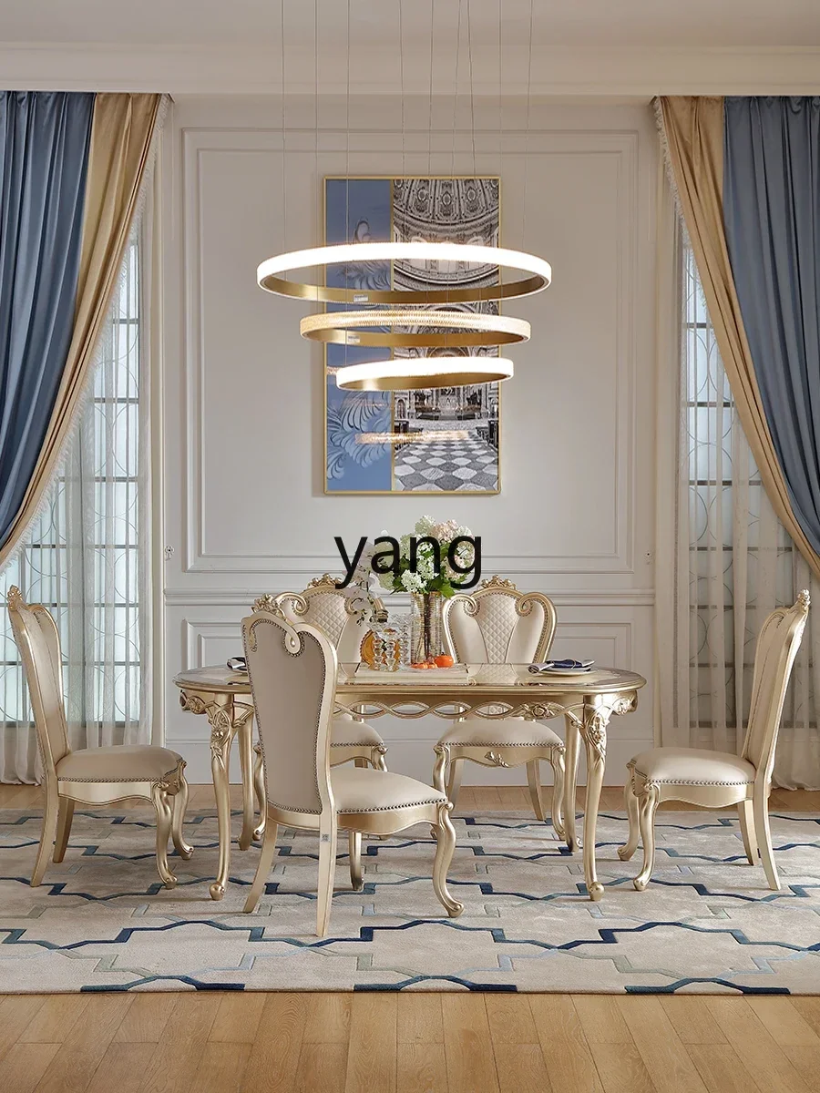 LTT French light luxury solid wood silver foil long dining table European court luxury villa dining table and chairs
