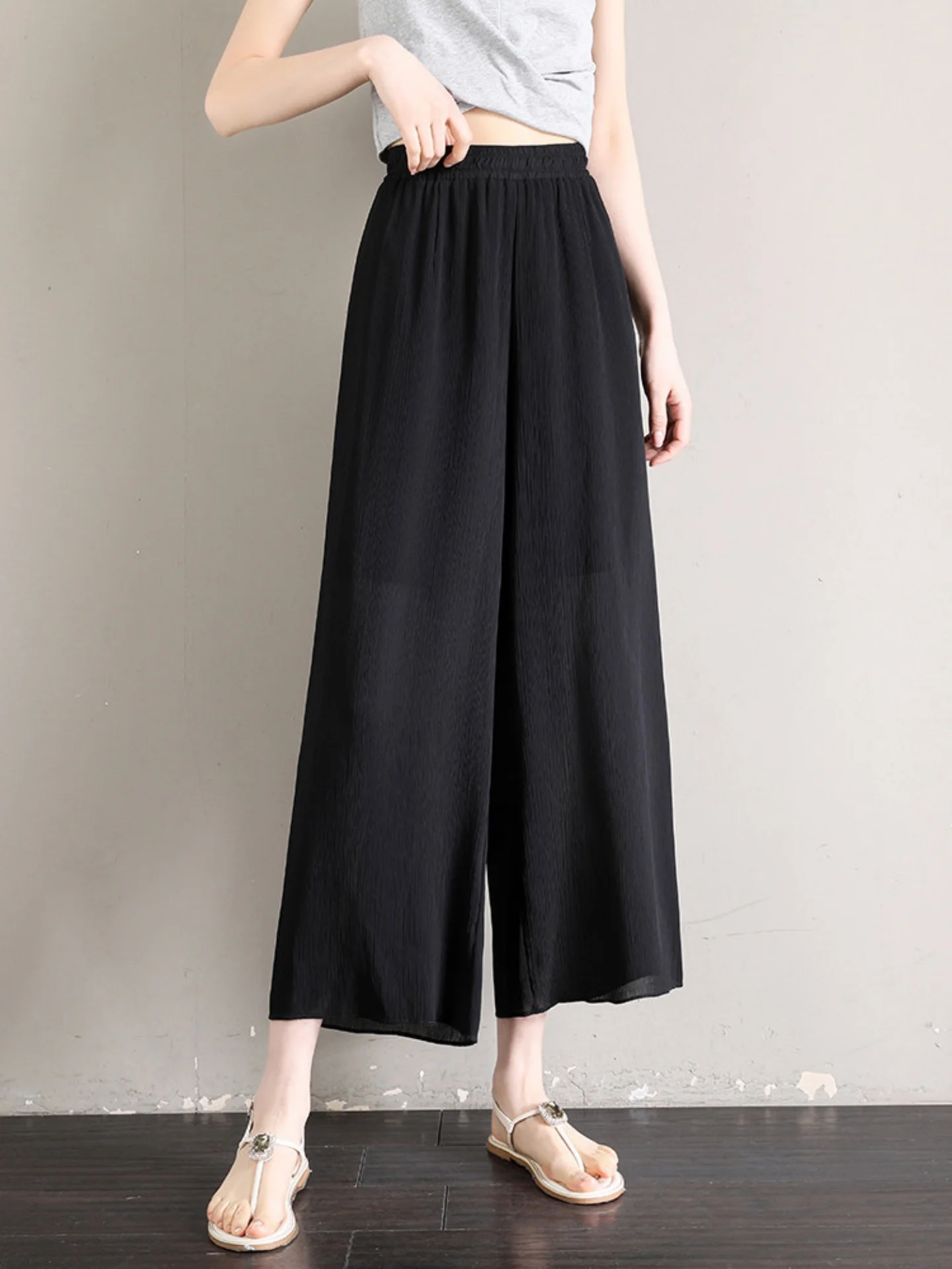 Chiffon Wide Leg Pants Women Summer Thin High Waist Nine Points Draping Elegant Straight Ice Silk Skirt Pants Casual Loose Pants