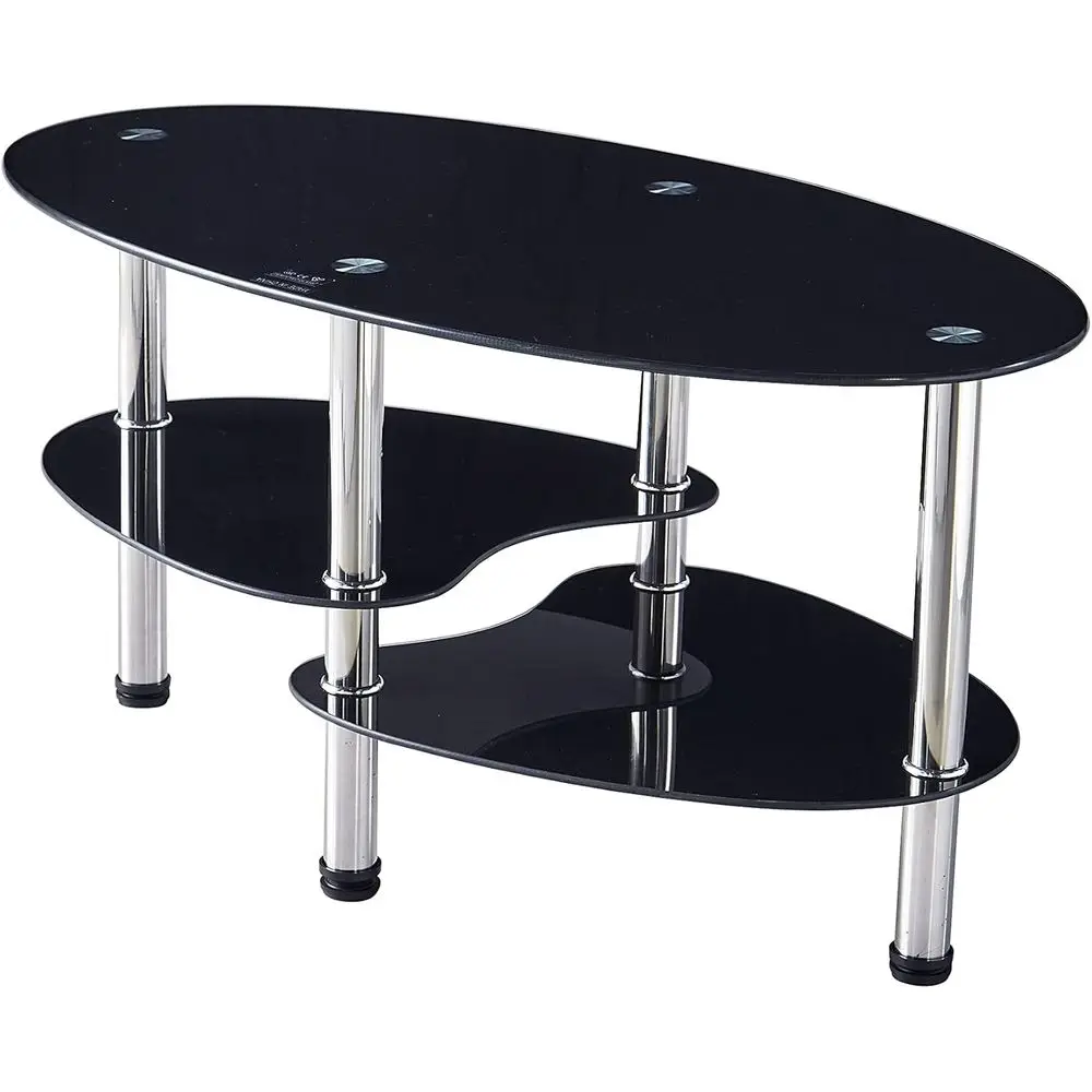 طاولة قهوة زجاجية بيضاوية معاصرة، طاولة جانبية لغرفة المعيشة باللون الأسود مكونة من 3 أرفف