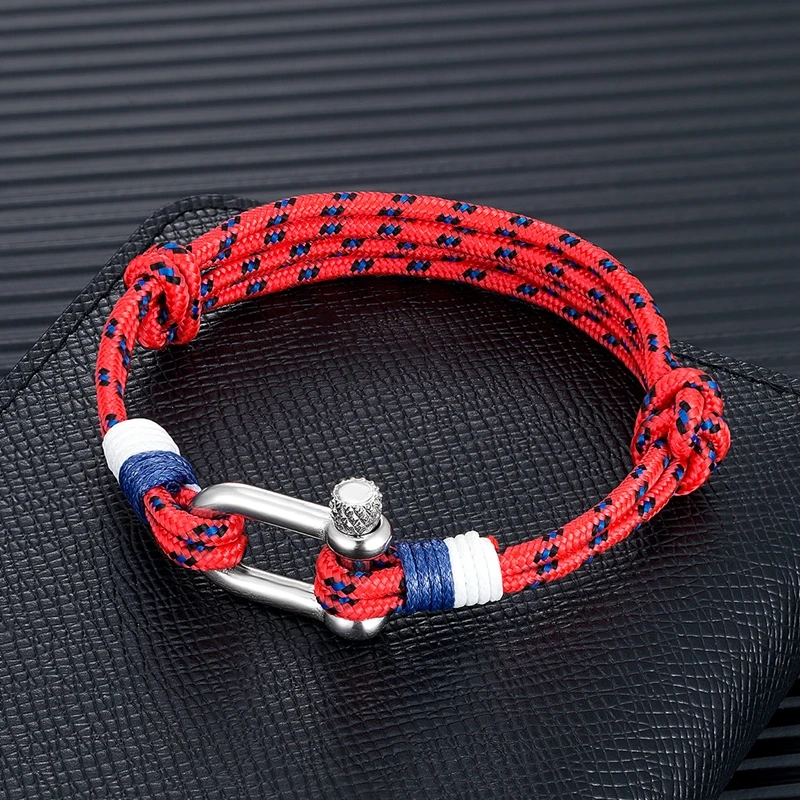 MKENDN Men\'s Sport Camping Parachute cord Survival Bracelet Women U-Shape Stainless Steel Shackle Buckle Surfer Beach Jewelry