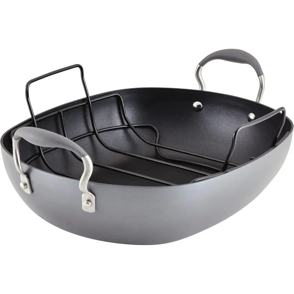 

Анодированная антипригарная форма для запекания/жарки из 2 частей с проволочной решеткой, овальная, 16 x 13 дюймов, серая