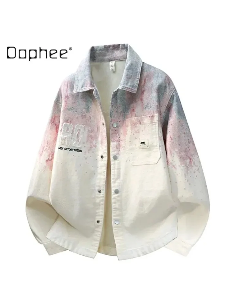 Chaqueta de hombre para primavera y otoño 2026, tendencia de moda, estilo retro americano, camisa vaquera con cambio gradual de color, solapa, top informal holgado para hombre