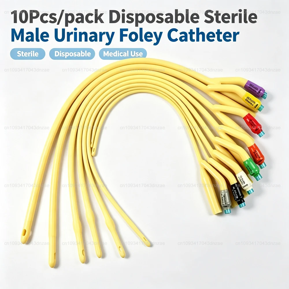 10Pcs/pack Disposable Sterile Male Urinary Foley Catheter, 2-Way, Latex Equipped with Soft Valve & Skin Suture Surgical Mold