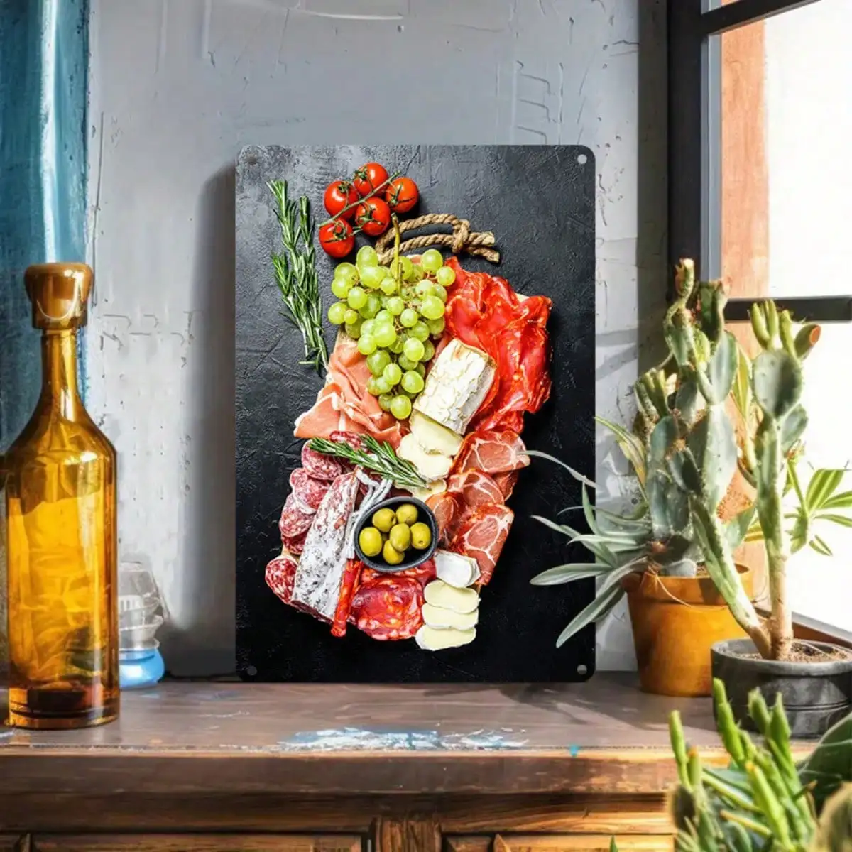 Plato de carne y queso con letrero de estaño, decoración de pared de cocina/comedor, arte de comida vibrante, 8x12 pulgadas/20x30 Cm, 1 ud.