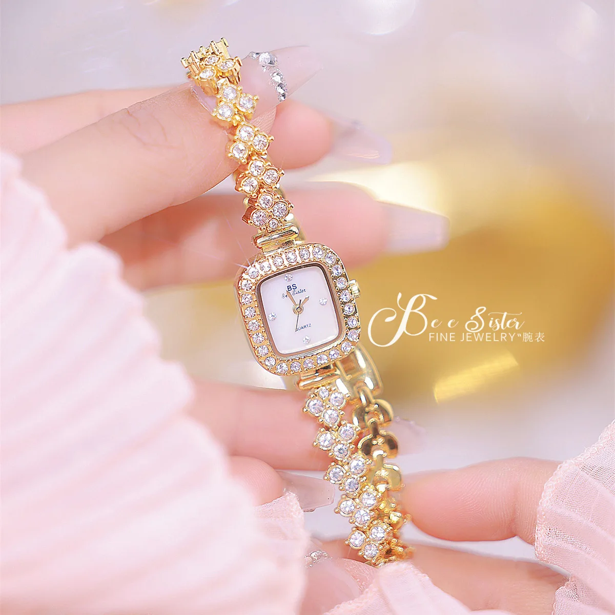 BS-relojes de acero inoxidable para mujer, pulsera de cuarzo resistente al agua, color dorado, regalo romántico para novia