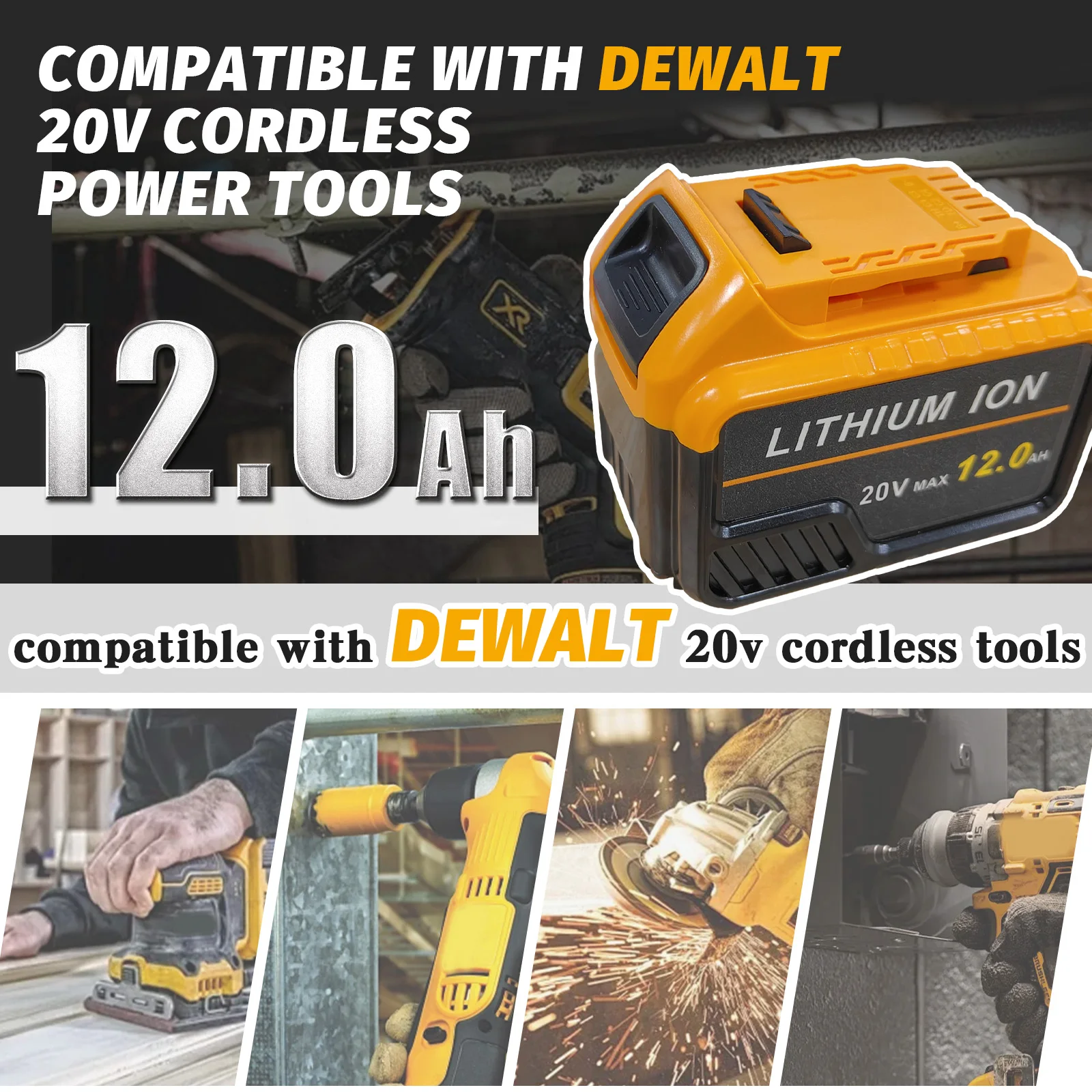 2Pack 20V 12.0Ah Replacement Battery for DeWalt DCB200 DCB184 DCB101, Li-Ion Rechargeable Battery with LED Power Indicator