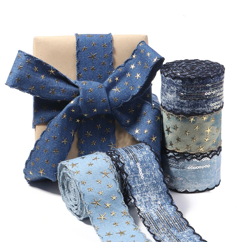3-5yard 25/40mm Scalloped Edge Denim Ribbons Star Sequin Wave Trim Woven TapeFor DIY Hair Bows Gift Wrapping Star Apparel Decor