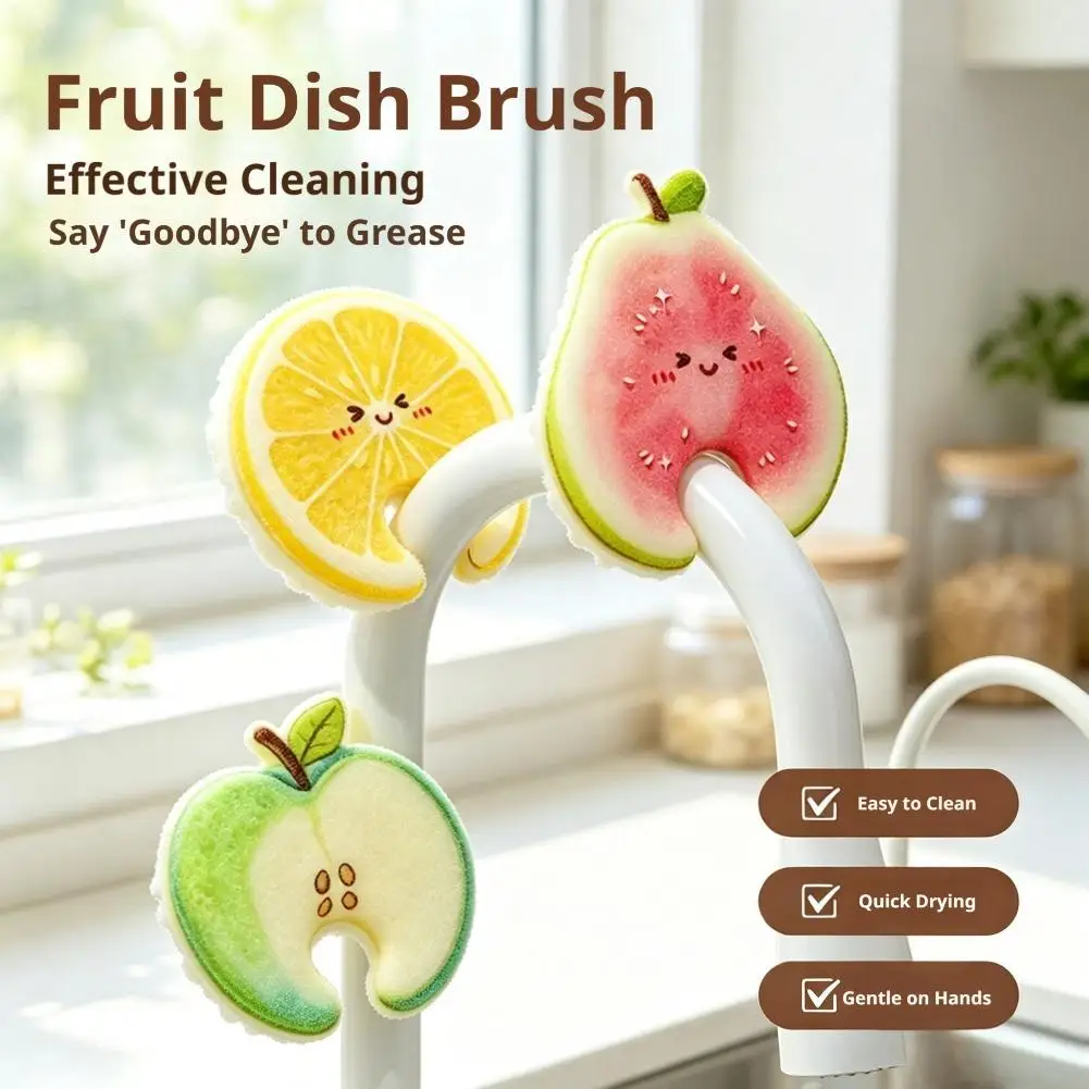 Wood Pulp Sponge Dish Brush 3pcs Fruit Shape Water Absorption Quick Foaming Non-Scratch Kitchen Cleaning