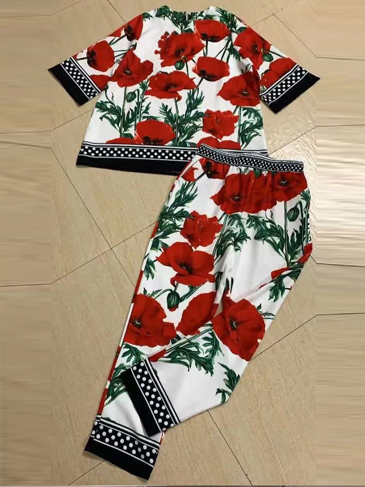 Retro 2024 spring women's new geometric flower print sleeve loose top+elastic waist slim pants fashion women's two-piece suit