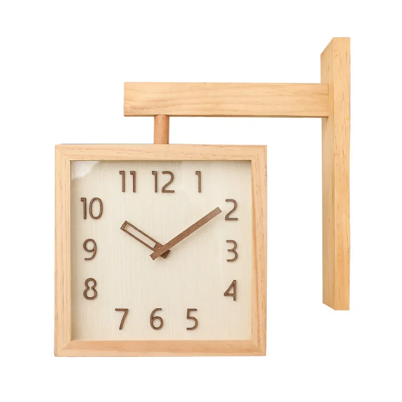 Solid Wood Double-Sided Wall Clock Silent Japanese Style Corner Design Decor for Living Room Home