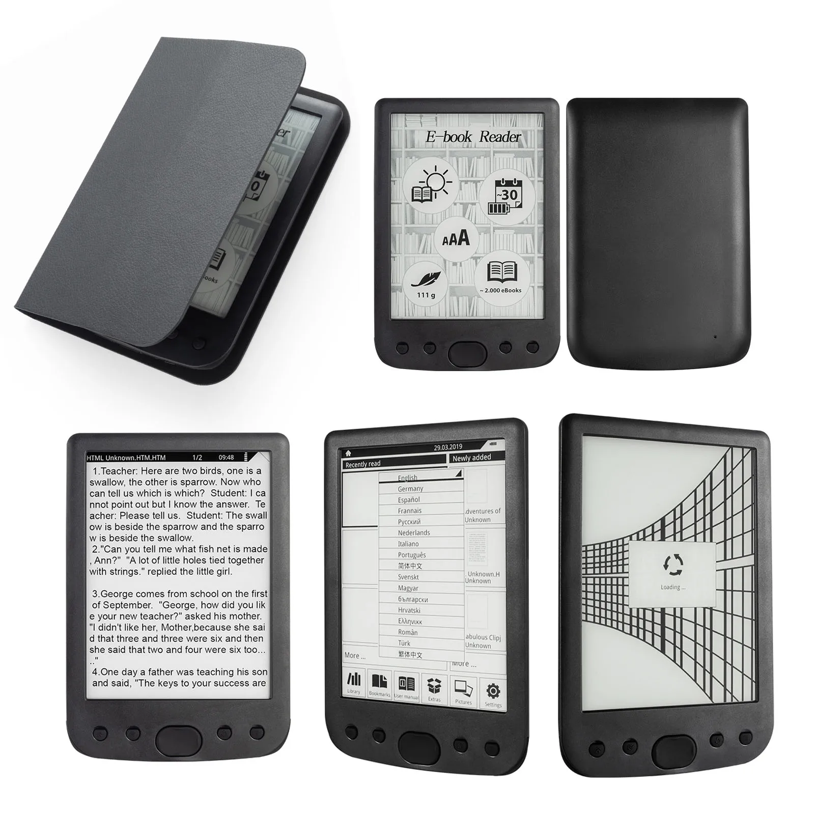 Fotografia 6: E Reader Eye Friendly 6 Polegadas 800x600 E Book Reader com Estojo Protetor 2500mAh Bateria Suporte Até 32G E Reader