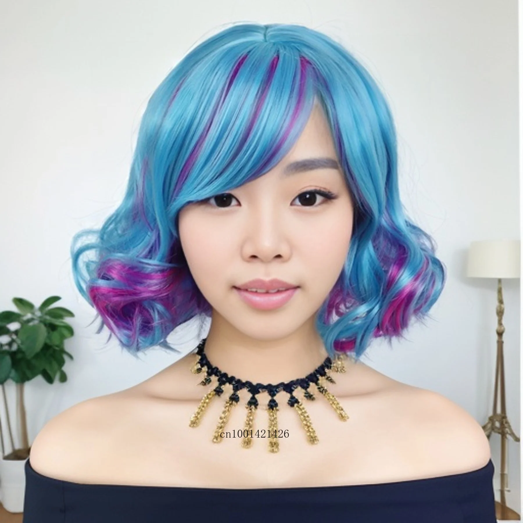 Blauw Mix Rood Synthetische Cosplay Pruik Vrouwelijke Halloween Kostuum voor Vrouwen Anime Lolita Pruiken Drag Queen Themafeest Krullend Kort