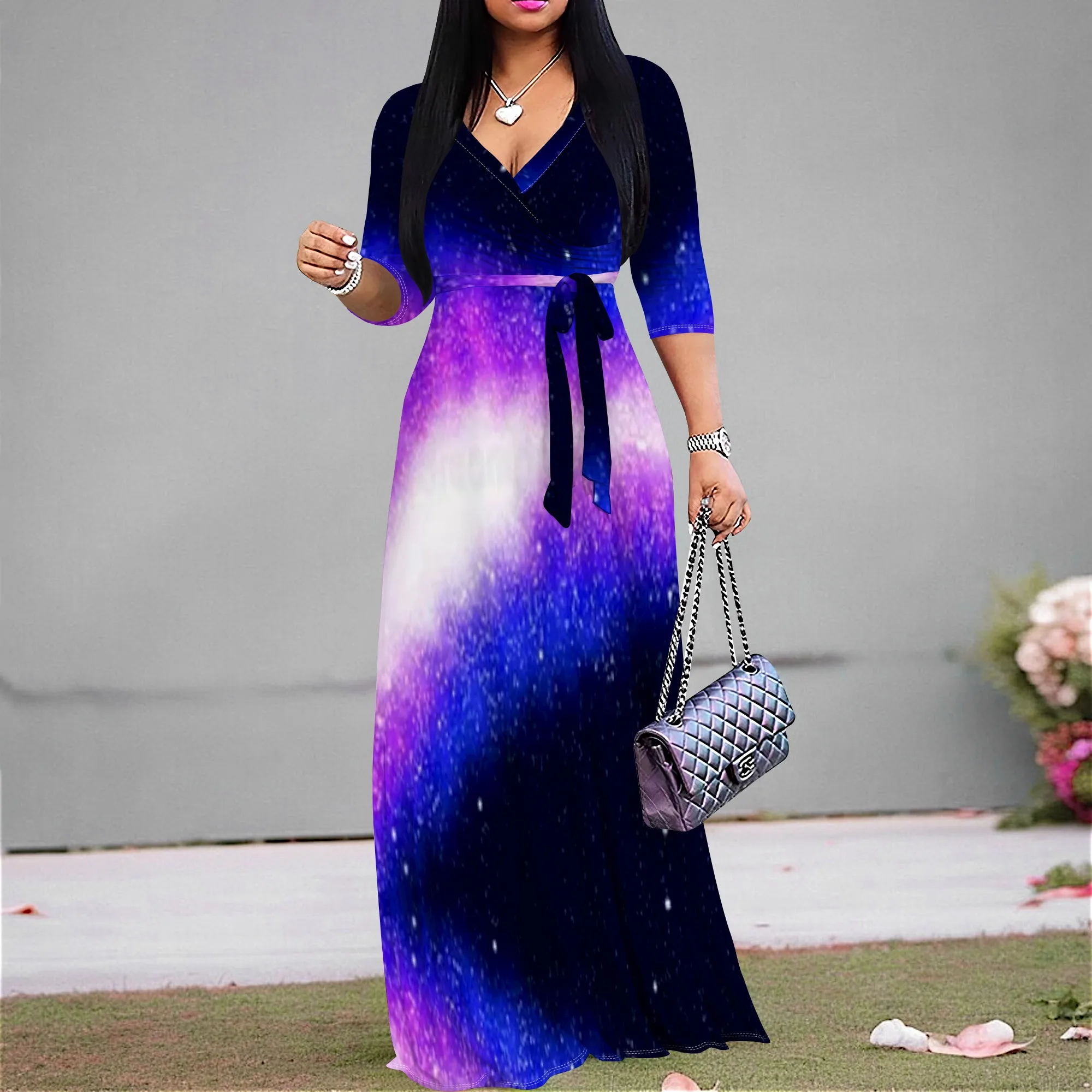 

Galaxy Gradient Print Dress S‑3XL V‑Neck 3/4 Sleeve Wrap Style with Belt for Evening Party, Art Event or Summer Look