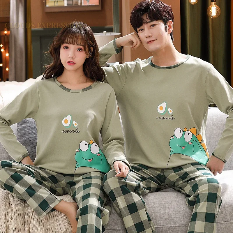 Spring Autumn Knitted Cotton Cartoon Men\'s Pyjamas Plaid Pajamas Set Casual Male Sleepwear Pyjamas Night Pijamas 4XL Homewear