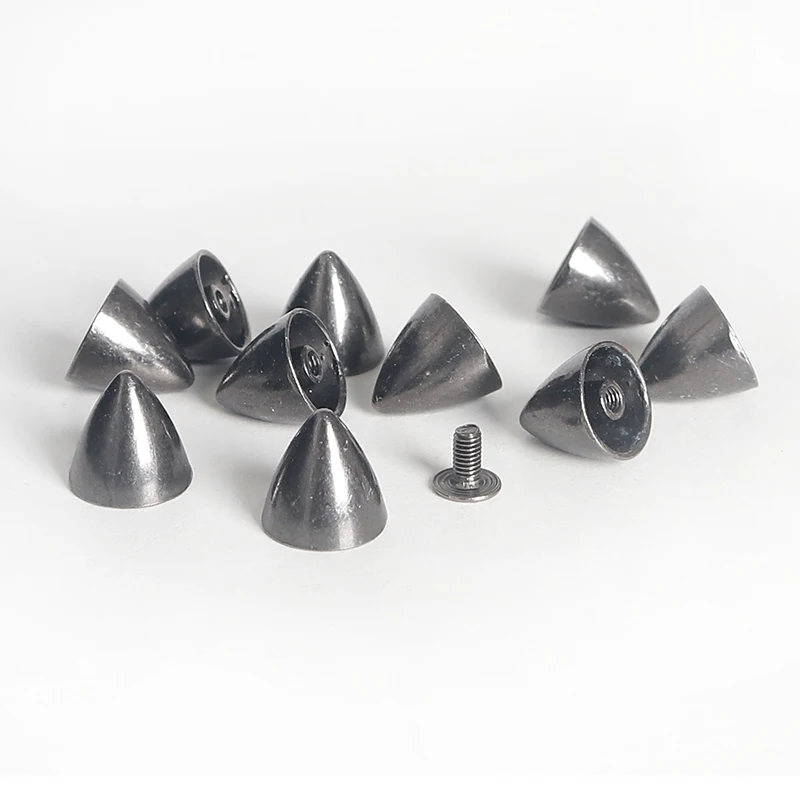 100sets 12*12mm Kegel Flecken Zink-legierung Spike Studs Leathercraft Bullet Punk Spike Nieten Mit Werkzeug für haustier Kragen Schuhe Handtasche – Detail 4