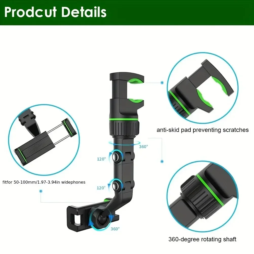 Soporte de teléfono para espejo retrovisor de coche, montaje de teléfono retráctil giratorio de 360 °, soporte de espejo retrovisor multifuncional para teléfonos