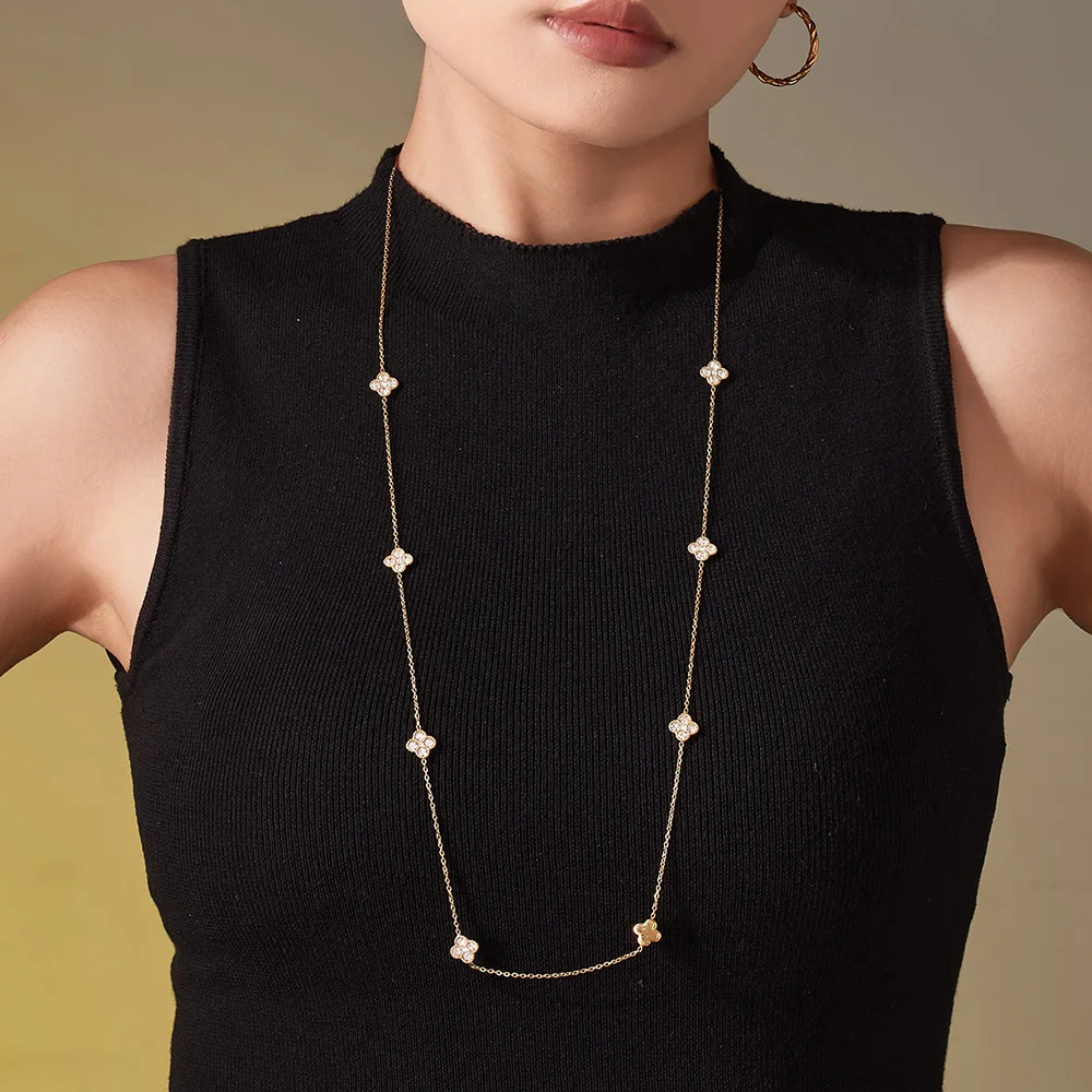 Ars 80cm Stainless Steel Long Chain Necklace for Women 18k Gold Plated Inlaid Zircon Flower Necklaces Daily Wear Sweater Chains