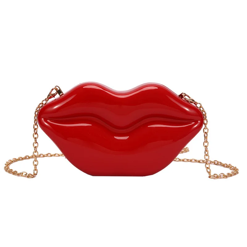 Bolsa feminina pequena crossbody, bolsa sólida, moda feminina, fofa, lábios grandes, gelatina, boca vermelha, corrente, bolsa de ombro, bolsa de mão