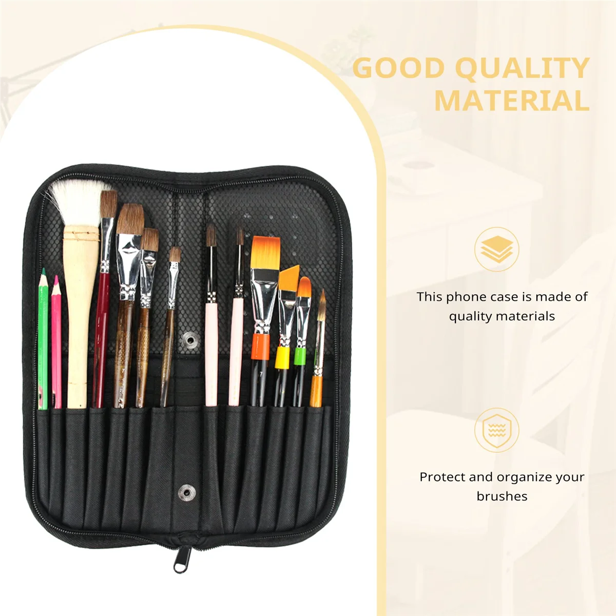 AS53-38Cm Artist Paint Brush Holder Zippered Brush Case for Oil Acrylic Watercolor Brush Breathable Painting