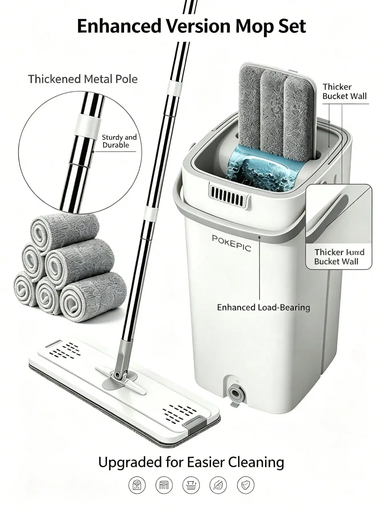 PokEpic 1PC Upgrade Mop And Bucket With Wringer Set, Flat Floor Cleaning Mop System With 6 Reusable Microfiber Pads, Wet Dry Household Cleaning Tool, Durable Floor Mop For Kitchen Bathroom Home Essentials, US Warehouse Fast Shipping
