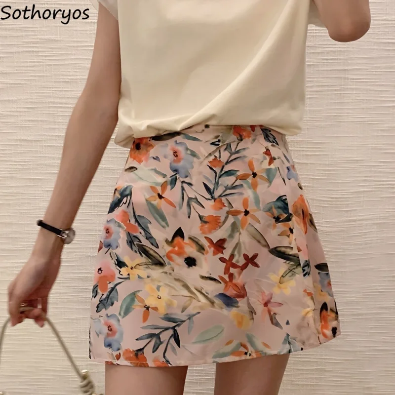 Mini Skirts Women Summer A-line Floral Painting Vintage Office Lady Elegant High Waist with Lining Sweet Gentle Aesthetic Faldas