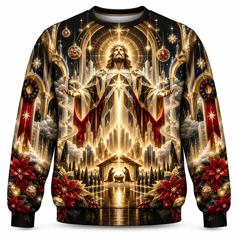 Jesus Christmas Sweatshirt Christian Faith Nativity Angel Sacred Heart Crewneck Xmas Pullover Holiday Religious Gift Casual Top