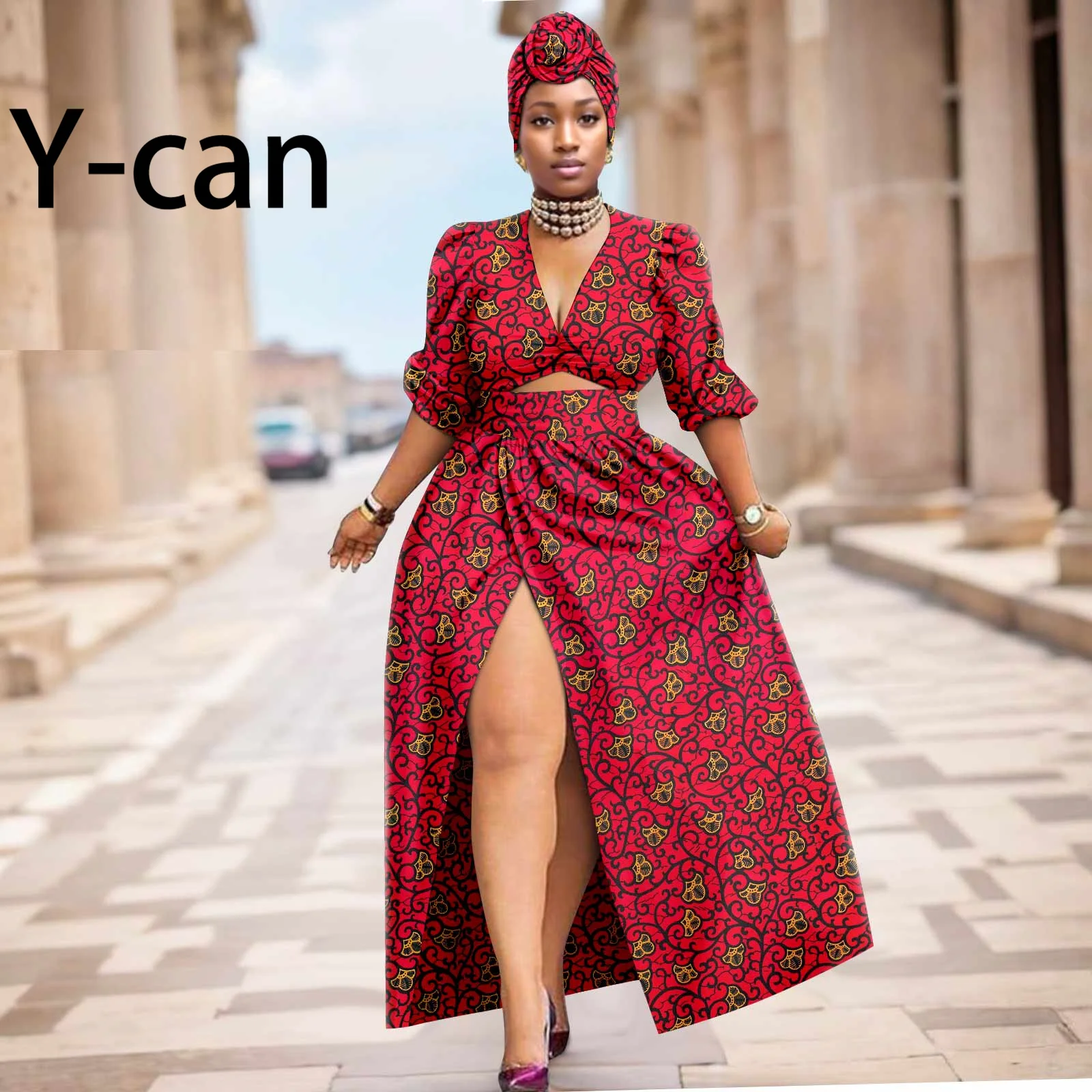 African Women Two Pieces Set 2024 Summer Dashiki Ankara Print Sexy V-neck Top High-waisted Slit Skirt  for Party Wedding 2426019