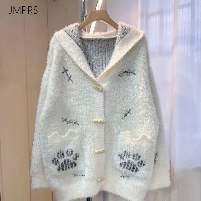 Cute Fuzzy Hooded Cardigan Women Sweet Cat Paw Print Knitted Sweater Fall Winter Kawaii Loose All Match Buttons Knitwear Tops