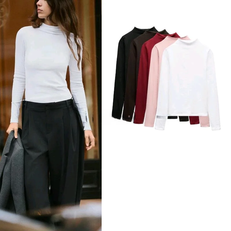 

Spring New Arrival Women's High Collar Long Sve Cotton Blend T-irt Faionable Versatile Top Commute Sle Slim Fit