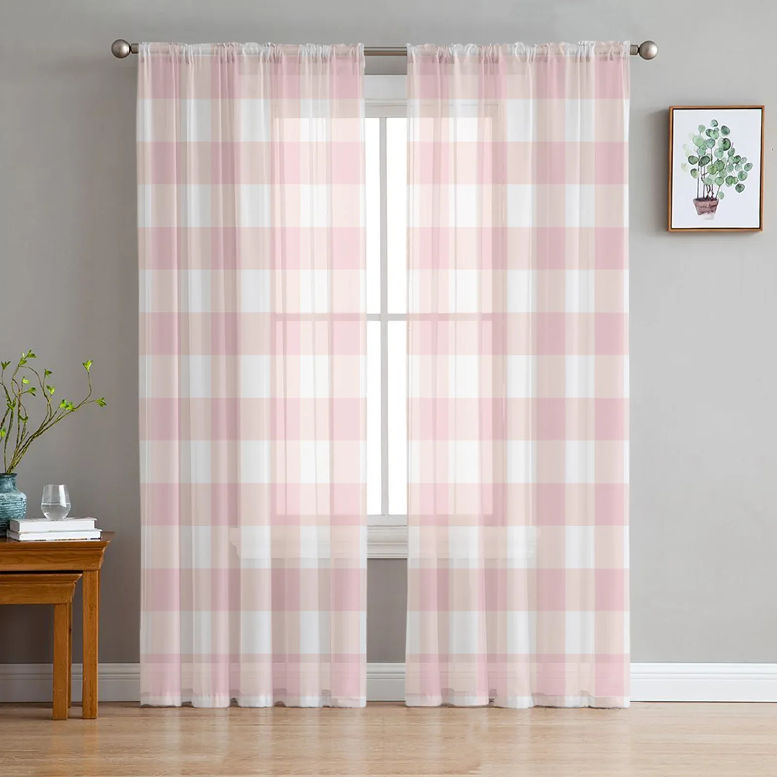 

Pink Plaid Tulle Curtains For Living Room Bedroom Kitchen Decoration Chiffon Sheer Voile Window Curtains Transparent Drape