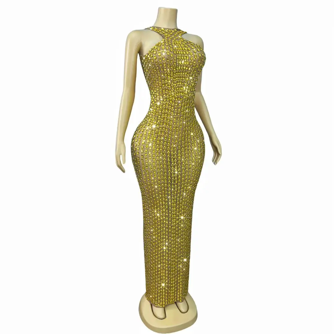 Liusixian Evening Luxury Dress for Women Sparkling Gold Full Diamond off Shoulder Long Dress Banquet Birthday Cocktail Gowns