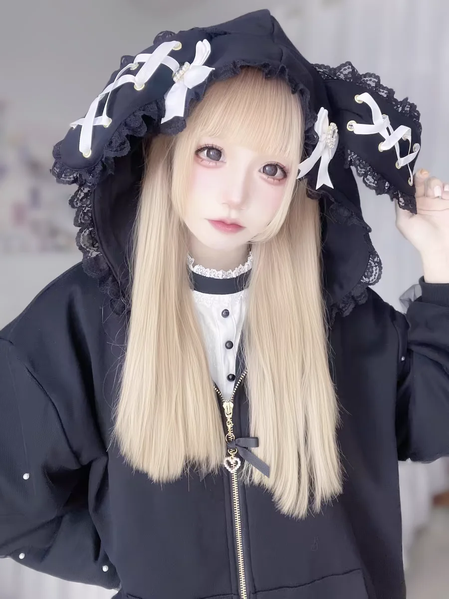 Earth Bud Mass Production Sweet Girl Strap Rabbit Ears Hooded Pearl Decorative Long Sleeve Jacket Cardigan Subculture Hoodie