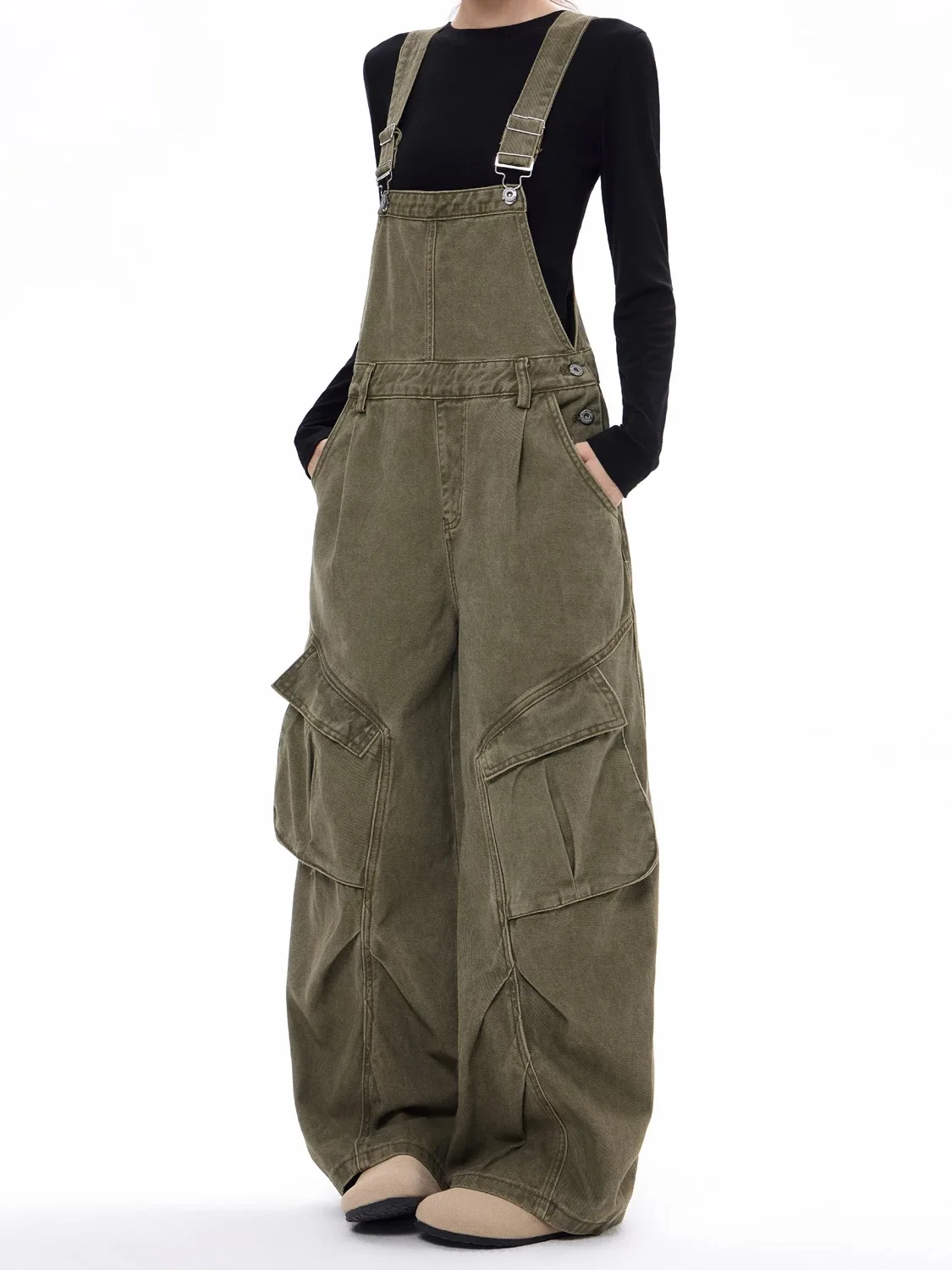 

Retro American Sle Mint een Denim Overalls Loose Wide Leg Straight Cut Faionable Streetwear High Waist Zipper Closure